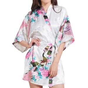 Women’s white peacock print robe kimono|small